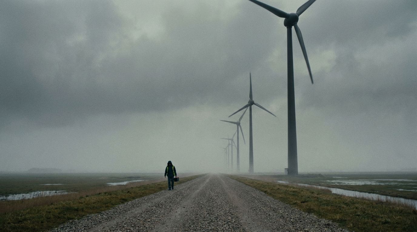 A wide, level engineered landscape under a heavy sky